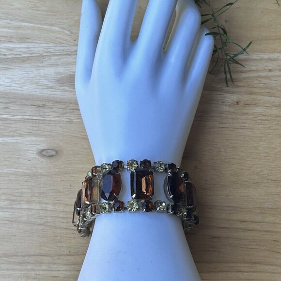 Vintage Link Bracelet Size 7 Amber Yellow Rhinestones‎ Crystal Glass Gold Plated - Picture 6 of 8
